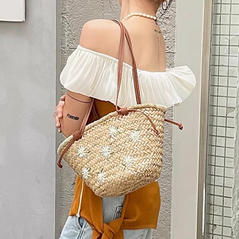 Embroidery Bali - Повседневные натуральные соломенные тканые женские сумки