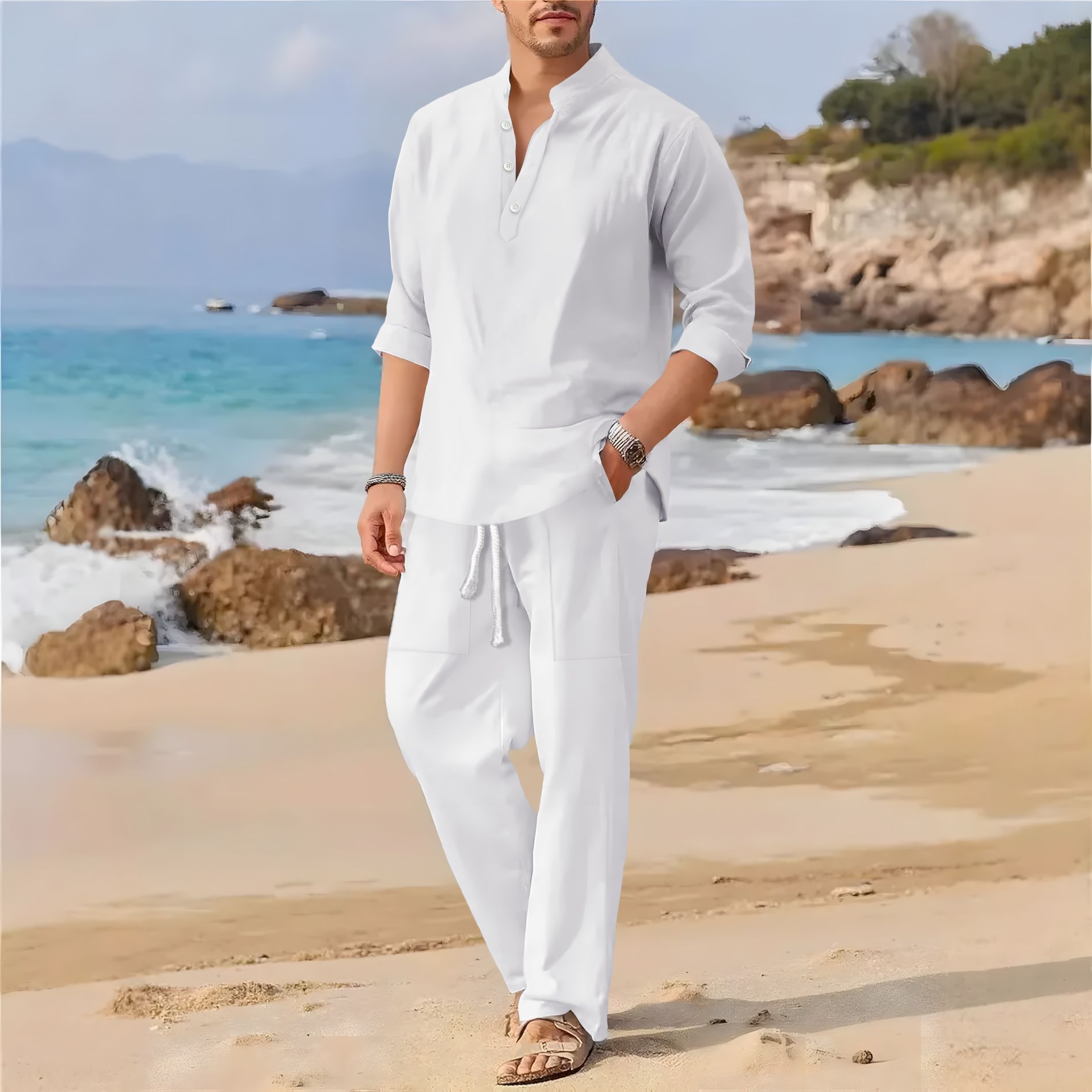 Мужской повседневный костюм из – обзор и цена Linen Fabric Natural