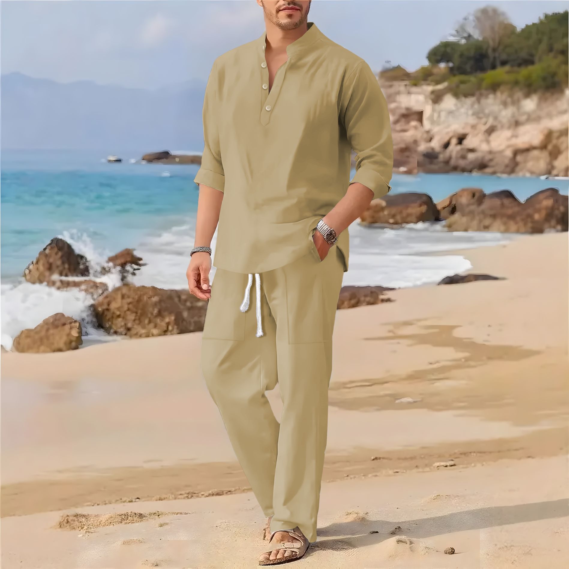 Мужской повседневный костюм из – обзор и цена Linen Fabric Natural